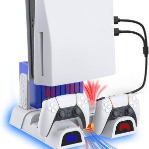 Base para PS5 Multifuncional, Soporte de refrigeración para accesorios PS5 con ventiladores de iluminación LED y estación de carga de controlador dual para consola Playstation 5, soporte multifuncional mejorado con base de carga, 10 ranuras de juego, color blanco