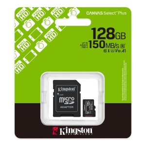 Memoria microSD KINGSTON 128GB Canvas Select Plus, UHS-I, U1/U3, v10/30, A1, Clase 10, lectura 150MB/s, con Adaptador