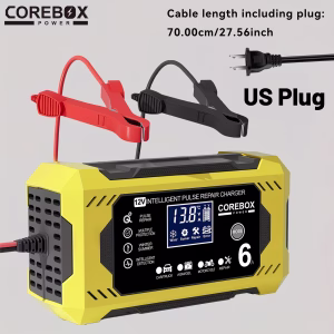 Cargador de Batería COREBOX Enchufe US 12V 6A | Mantenedor de Batería de 12V para Coche, Camión, Motocicleta, Cortacésped, Marina - Cargador de Ácido de Plomo, Funciona a 110V-240V