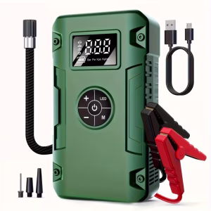 Arrancador de Batería con compresor de aire, arrancador de batería portátil Multifuncional 7 en 1 con Bomba de Aire, Arrancador Portátil de Batería de Coche 150PSL, Inflador Digital de Neumáticos, Cargador Portátil de Batería de Vehículo, Adecuado para Baterías de Gasolina de 9.99 L o Diésel de 9.01 L